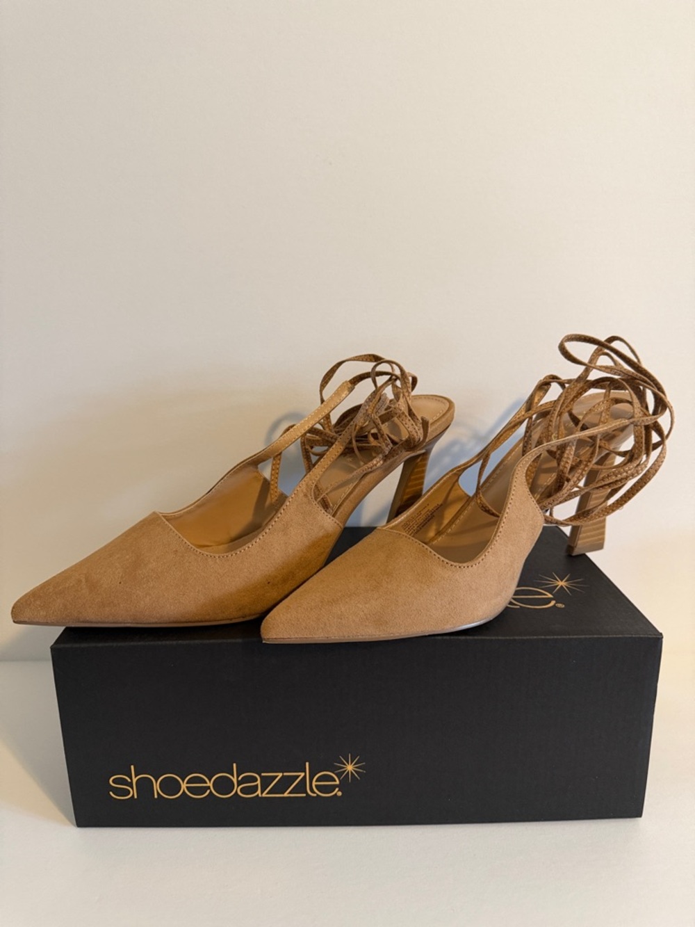 Shoe Dazzle Tan Suede Lace-Up Pointed-Toe Heels
